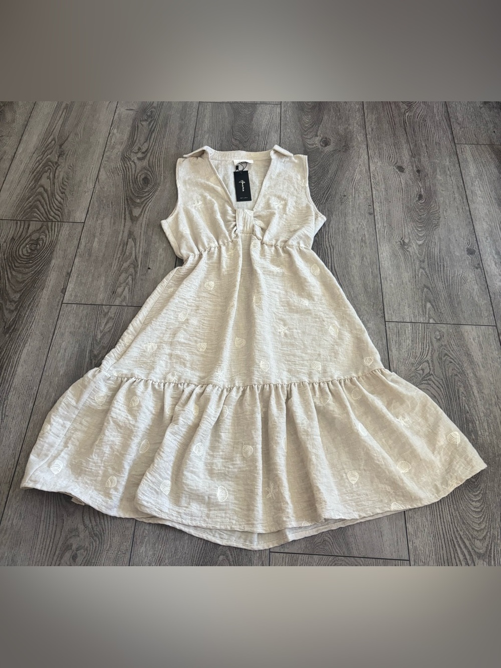 Amana  Cream Tiered Summer Dress with embroidered starfish and sea shells